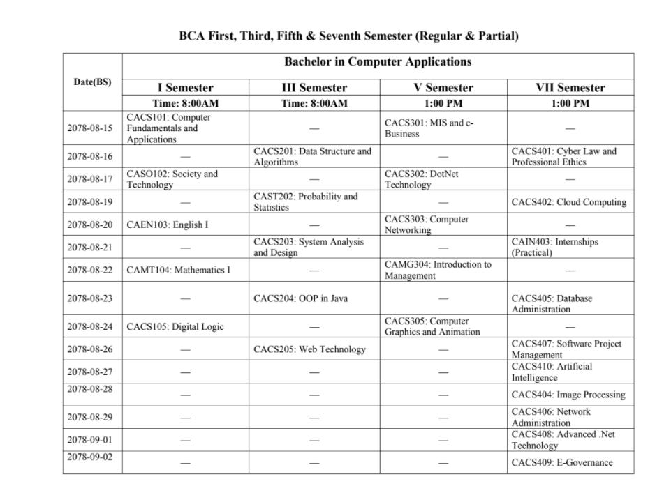 Revised Examination Schedule : BCA I, III, V & VII Semester - NOTE BAHADUR